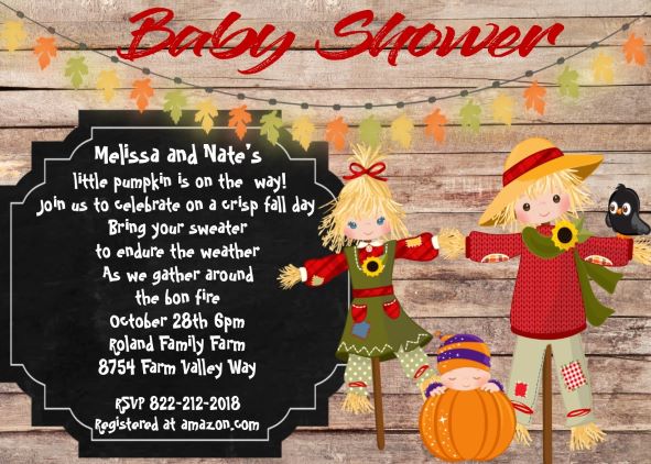 2 scarecrows make a little pumpkin Couples Baby Shower Invitations