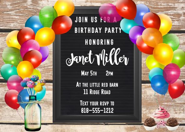 Letter board cake pops balloon arch birthday party invitation