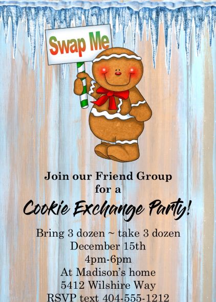 Christmas Holiday Cookie exchange Party Invitations Gingerbread Chick
