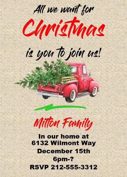 Truck on Burlap Christmas Invitations