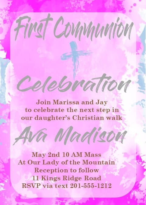Pink Watercolor First Holy Communion Party Invitations